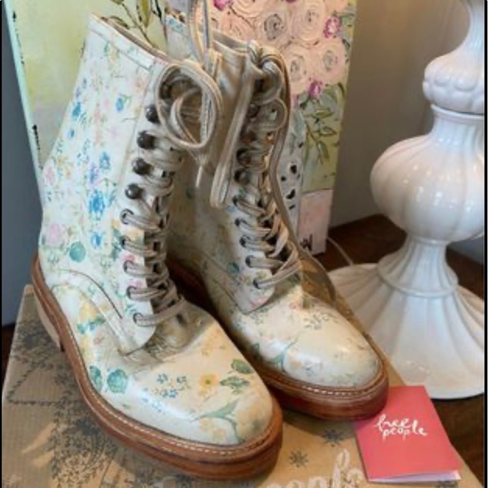 Free People Santa Fe Lace Up Ivory Floral Boots.